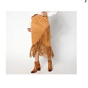 American West Camel Asymmetrical Fringe Midi Skirt